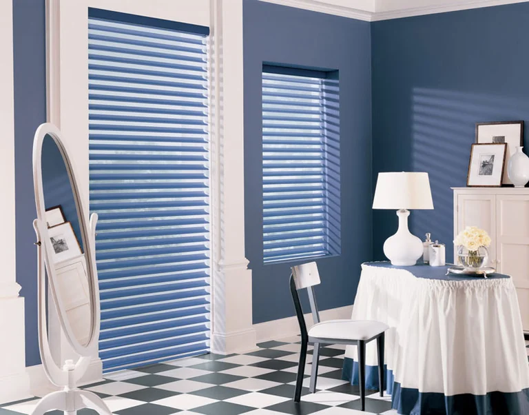 Window shadings in a blue bedroom